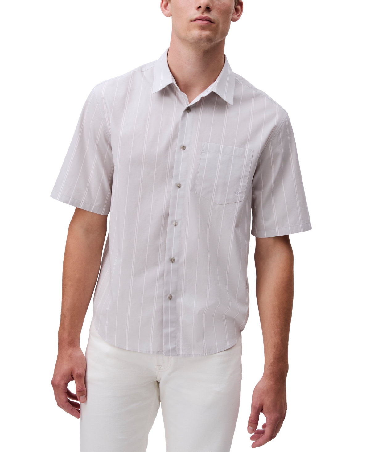 Calvin Klein Men's Relaxed Fit Short Sleeve Poplin Striped Button-front Shirt In Gray Violet