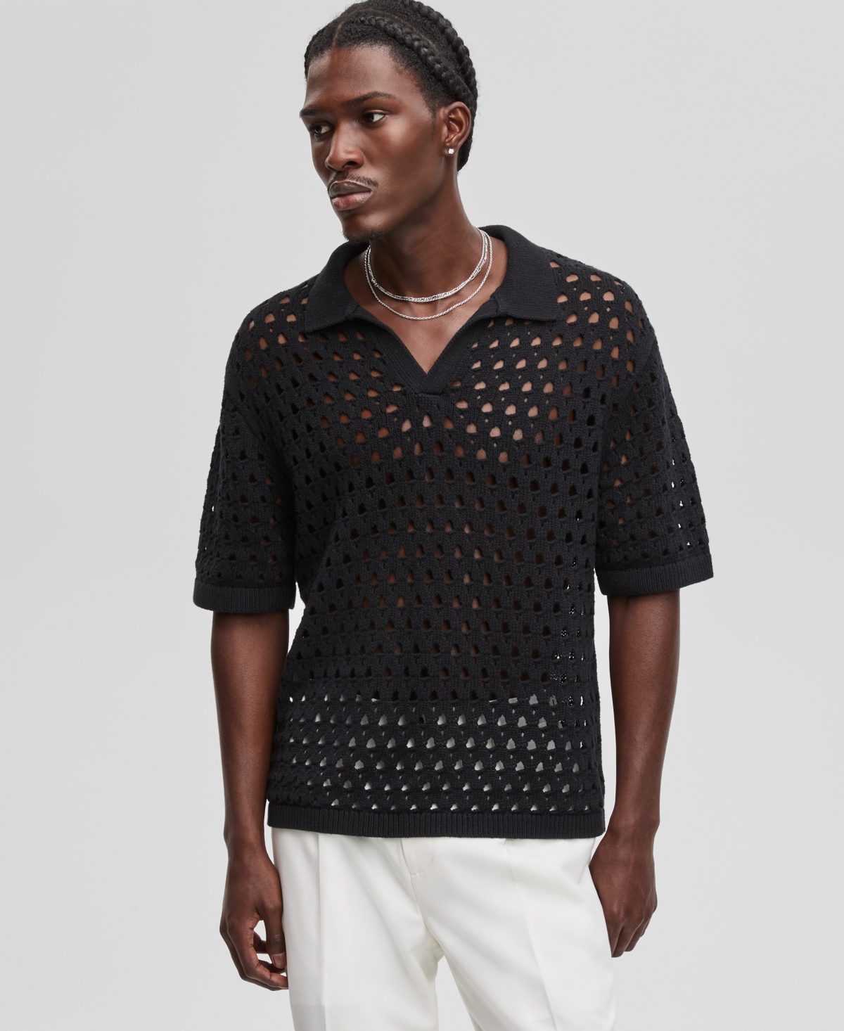 Men's Johnny-Collar Open-Stitch Short-Sleeve Sweater, Exclusively at Macy's - Deep Black