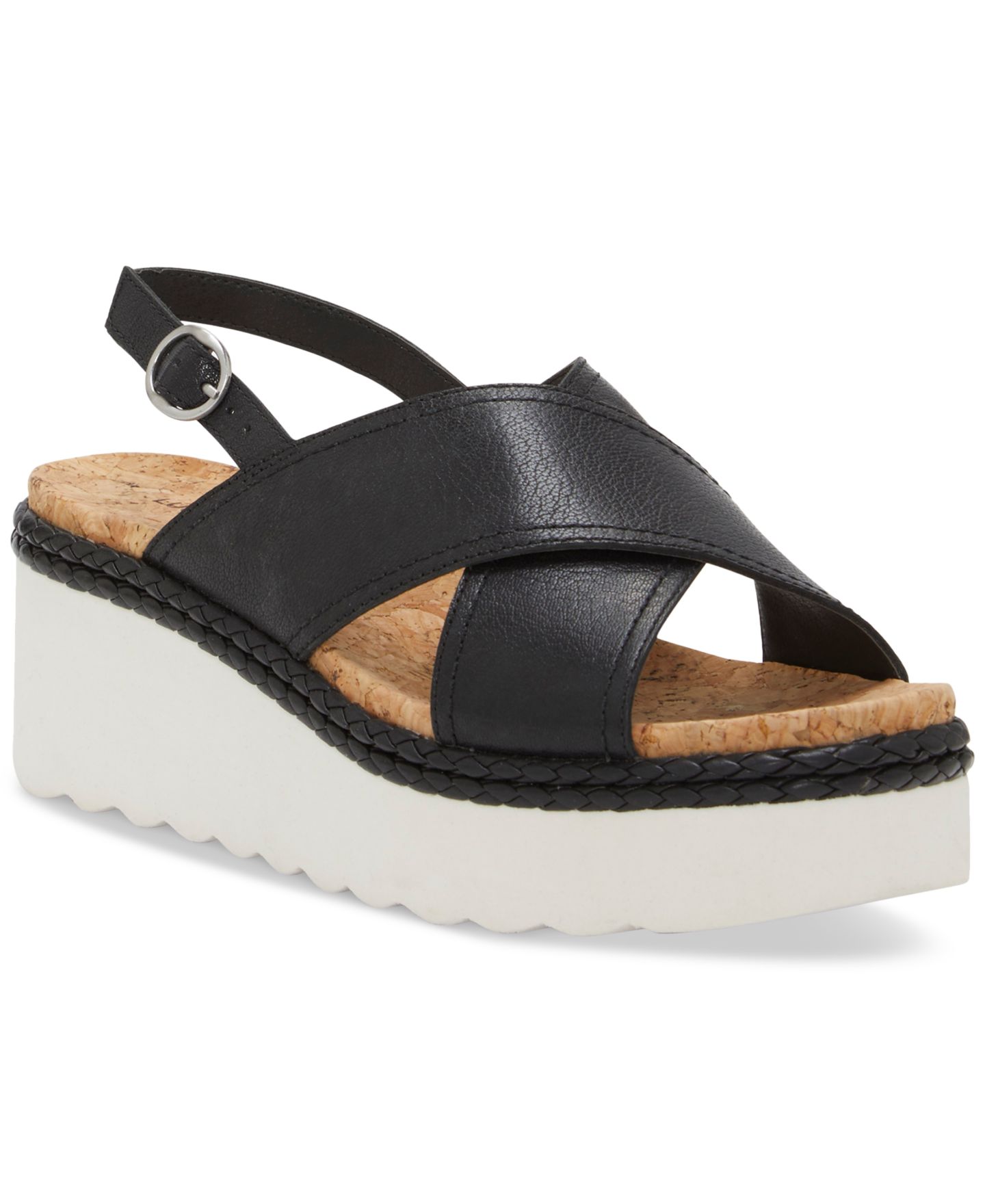 Женские сандалии Lucky Brand Pebina Crossband Platform Wedge, цвет: Чёрный кожаный — фото 1