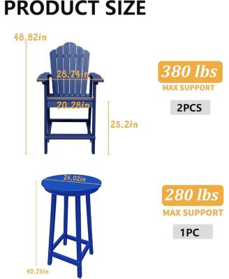 Tall Adirondack Chair with Bar Table Patio Chairs Outdoor Adirondack Barstool Outdoor Furniture Set Balcony Chairs for Lawn Backyard Garden, Blue