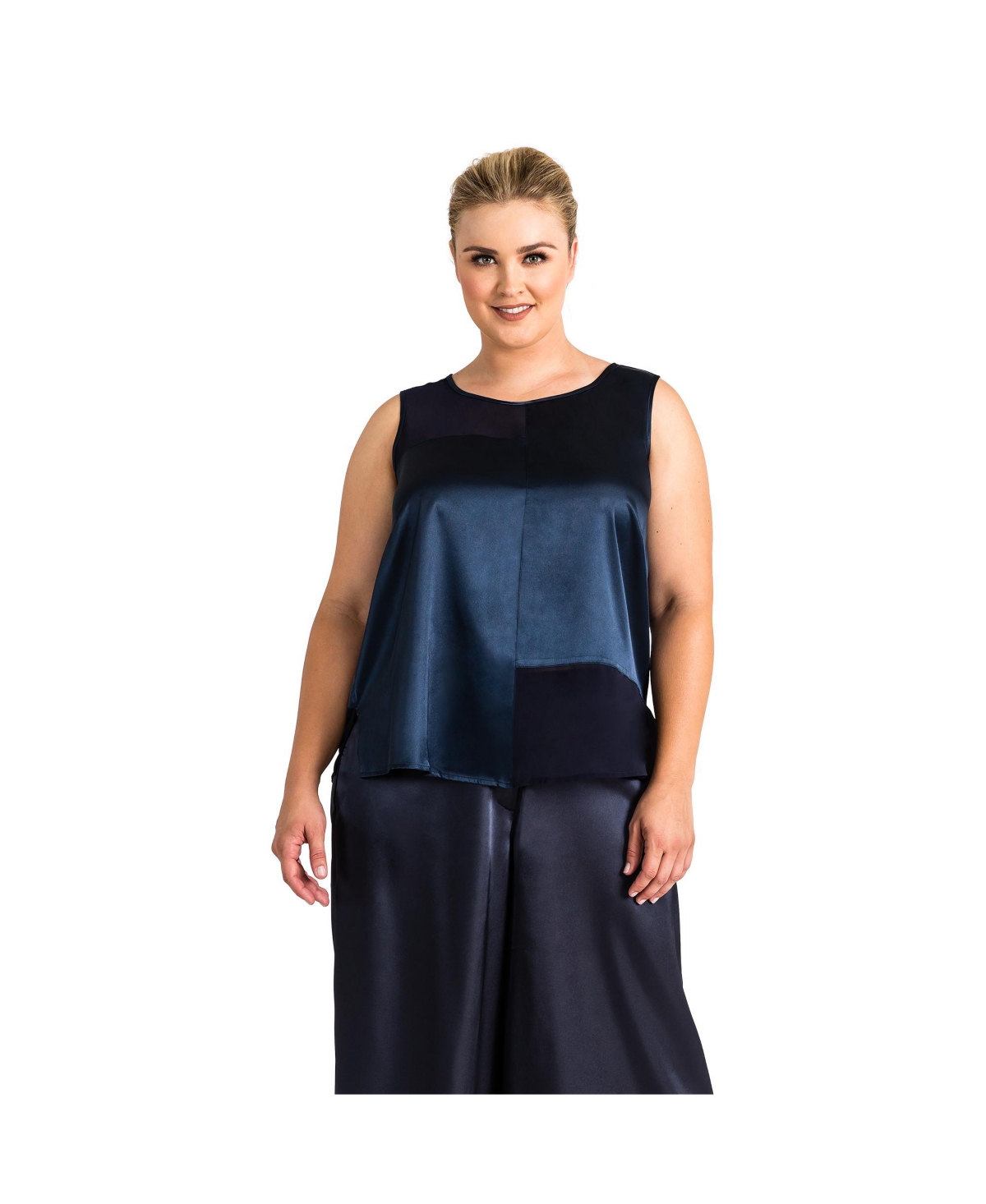 Plus Size Women's Sateen and Chiffon Sleeveless Shirt - Navy blue