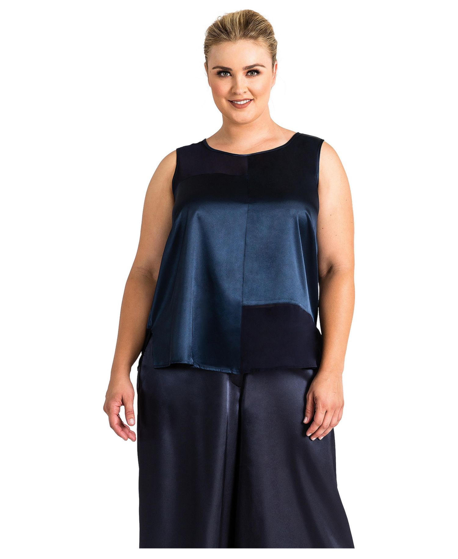 Plus Size Sateen and Chiffon Sleeveless Shirt