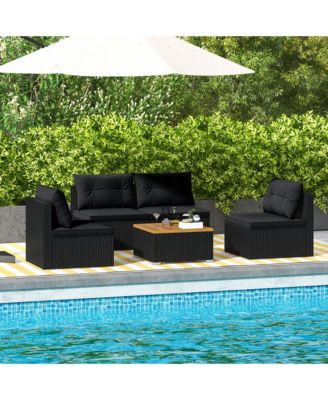 5 Piece Outdoor Furniture Set w/ Seat & Back Cushions Acacia Wood Tabletop