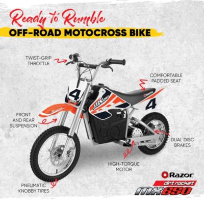 MX650 Dirt Rocket High-Torque Electric Motocross Dirt Bike, 17 MPH, Orange