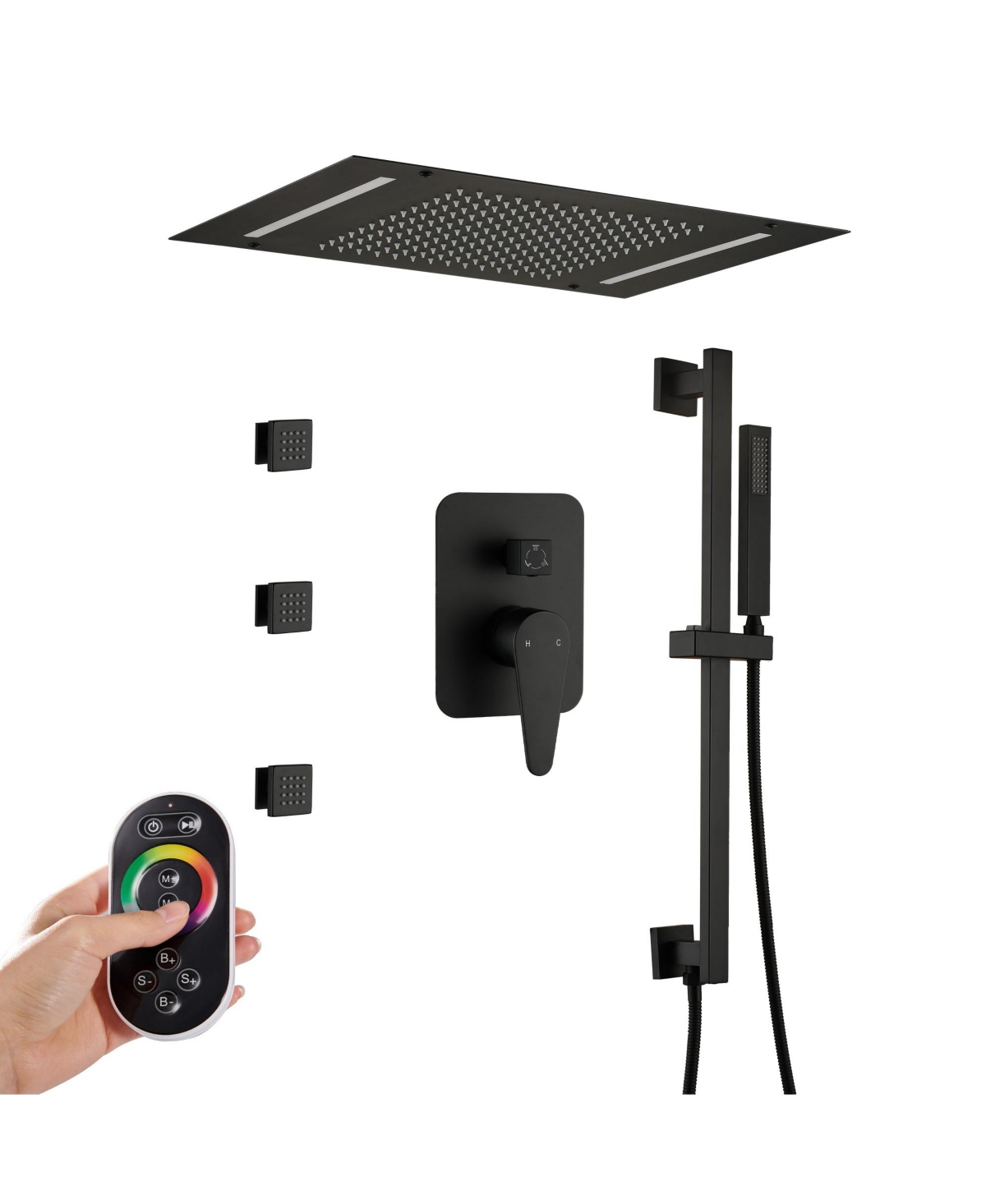 Luxury Shower System Square Top Spray with Body Jets, Led Light Single-Function Handle, and Adjustable Lifting Rod for Bathroom, Brushed Gold - Brushe