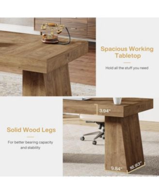 55 Inches Executive Desk, Mid-Century Modern Home Office Desk with Double Trapezoid Base, Wood Computer Desk Business Workstation Desk