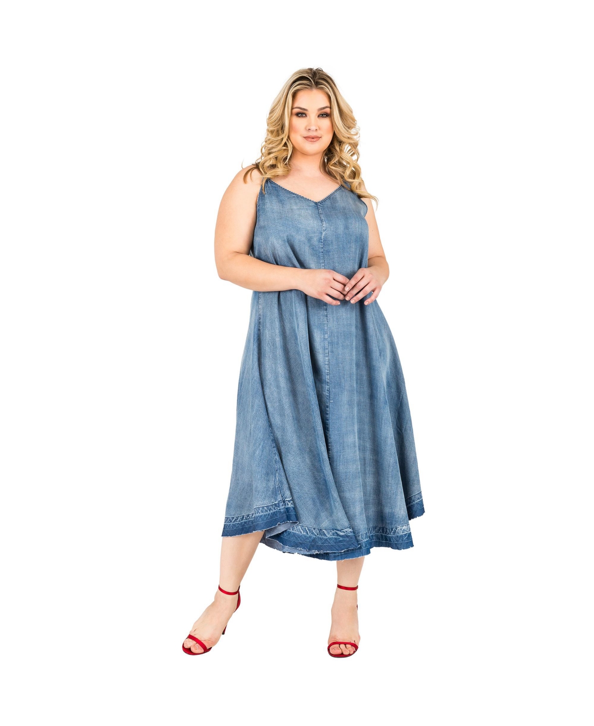 Plus Size Women's Denim Tencel Raw Hem Maxi Slip Dress - Light blue