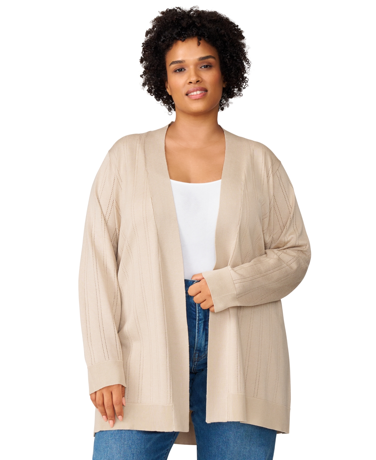 Plus Size Open-Front Cardigan Sweater, Exclusively at Macy's - Oxford Tan