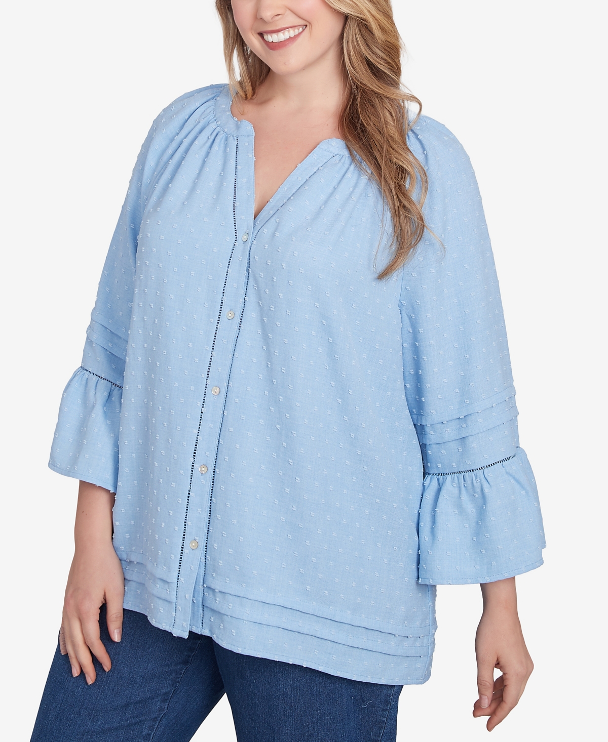 Ruby Rd. Plus Size Clip Dot Button Front Flared Sleeve Top In Light Chambray
