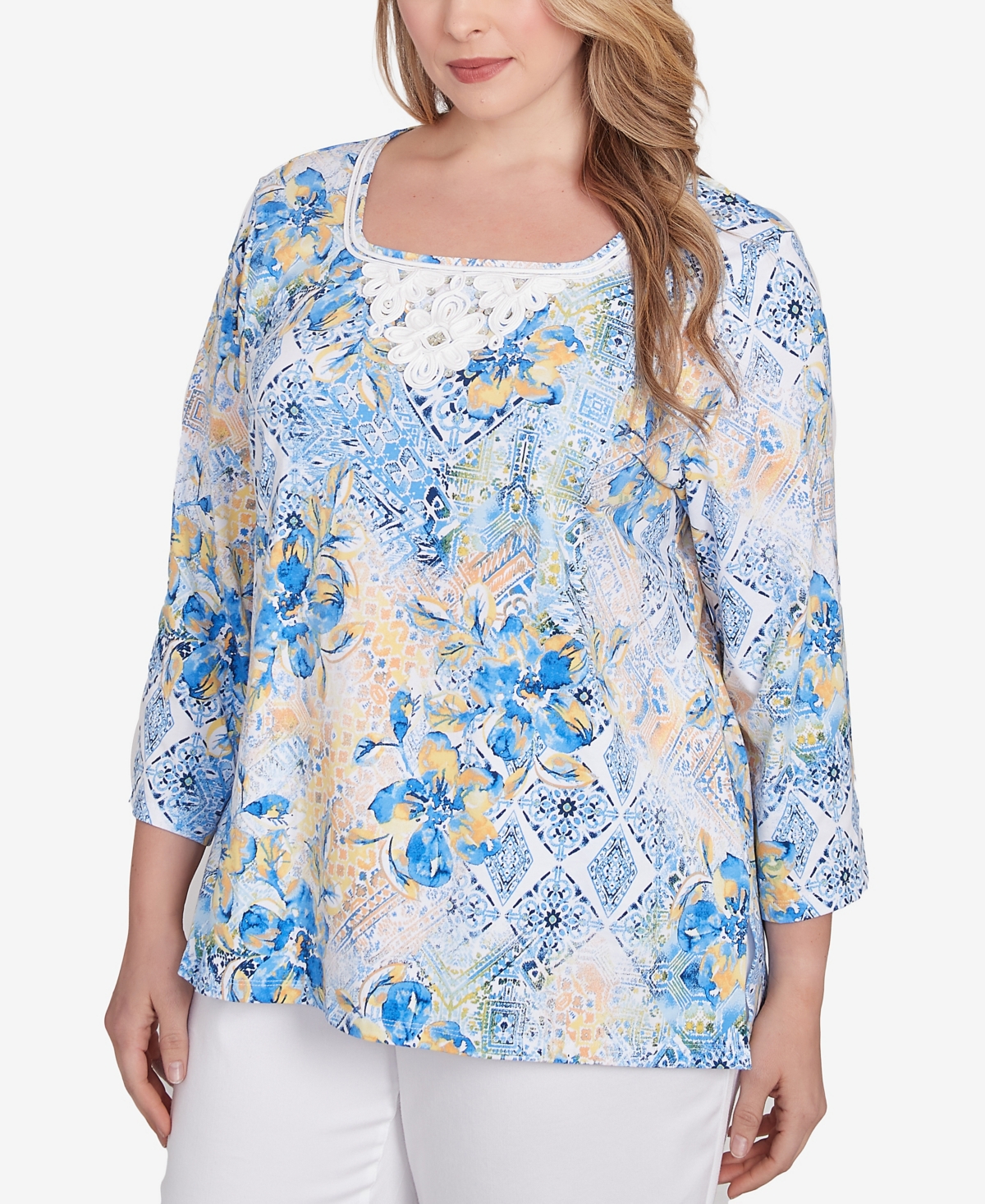 Ruby Rd. Plus Size Watercolor Floral Patchwork 3/4 Sleeve Top In Blue