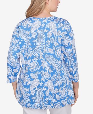 Plus Size Jacobean Paisley Puff Print V-Neck Top