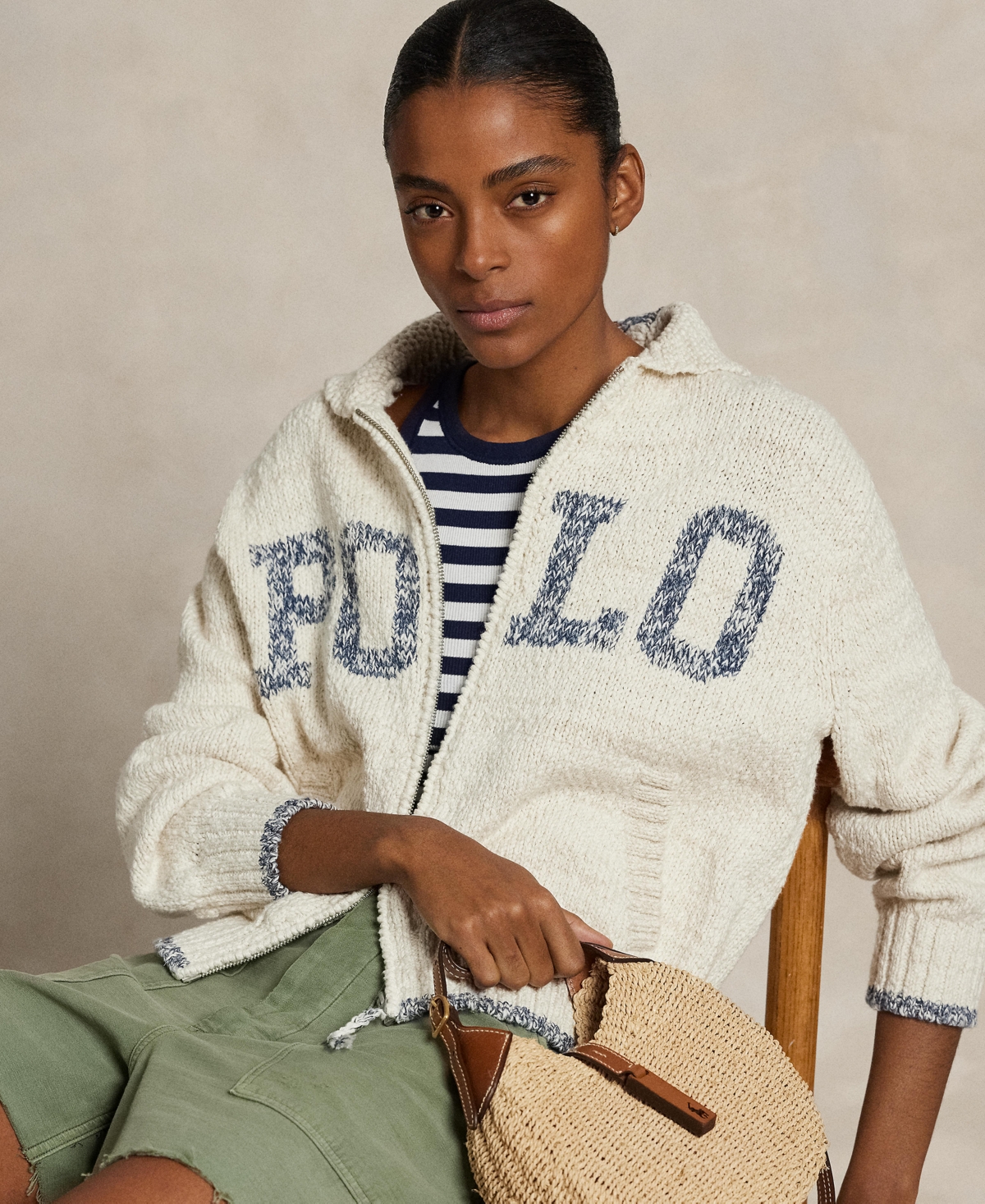 Polo Ralph Lauren Logo Cotton Zip-up Sweater In Cream,blue Multi