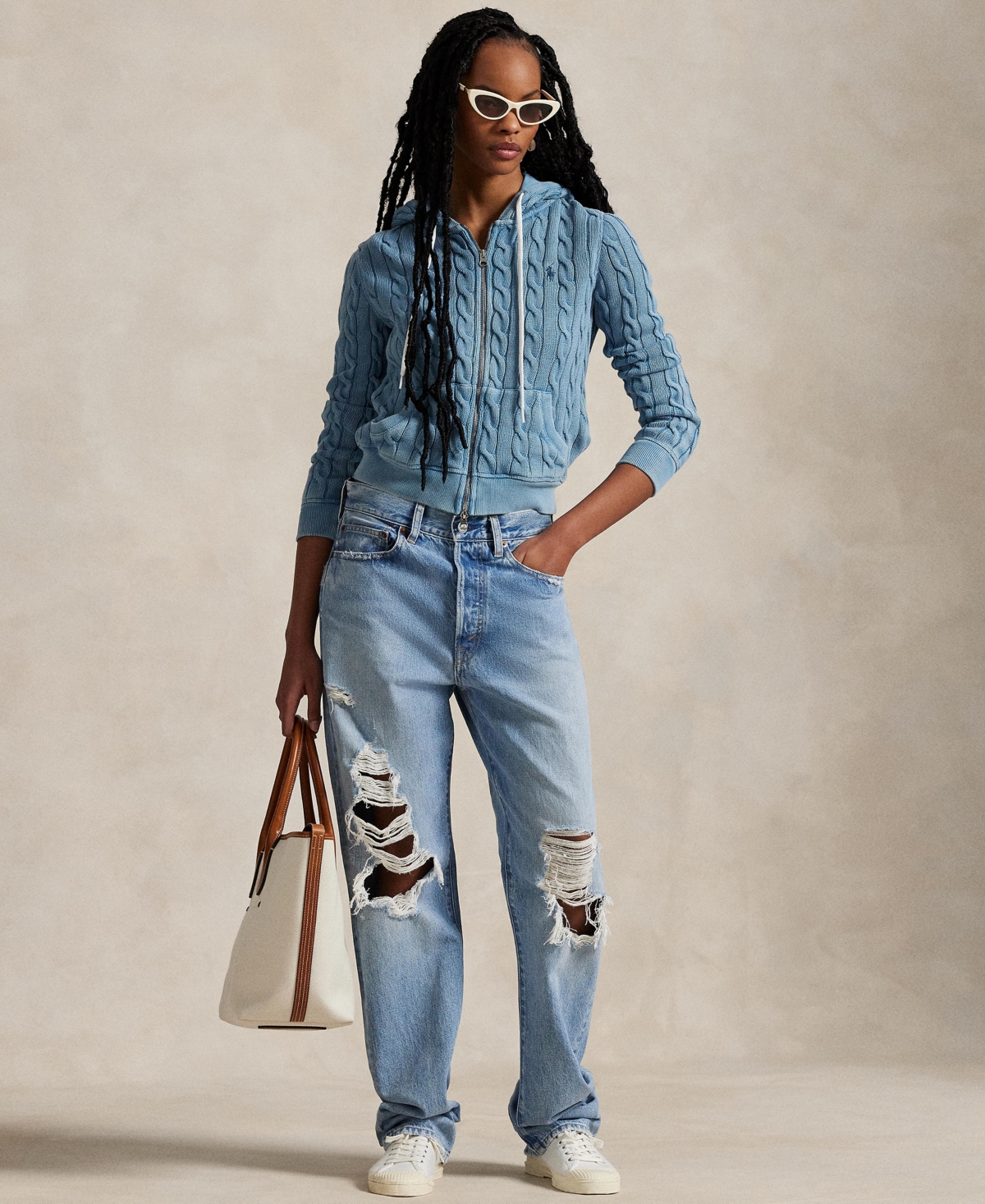 Shop Polo Ralph Lauren Women's Cable-knit Cotton Full-zip Hoodie Sweater In Chambray Indigo