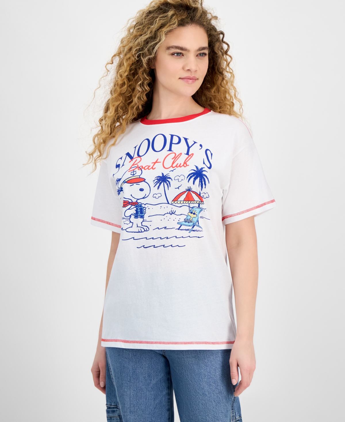 Juniors' Snoopy Boat Club Ringer T-Shirt - White/red