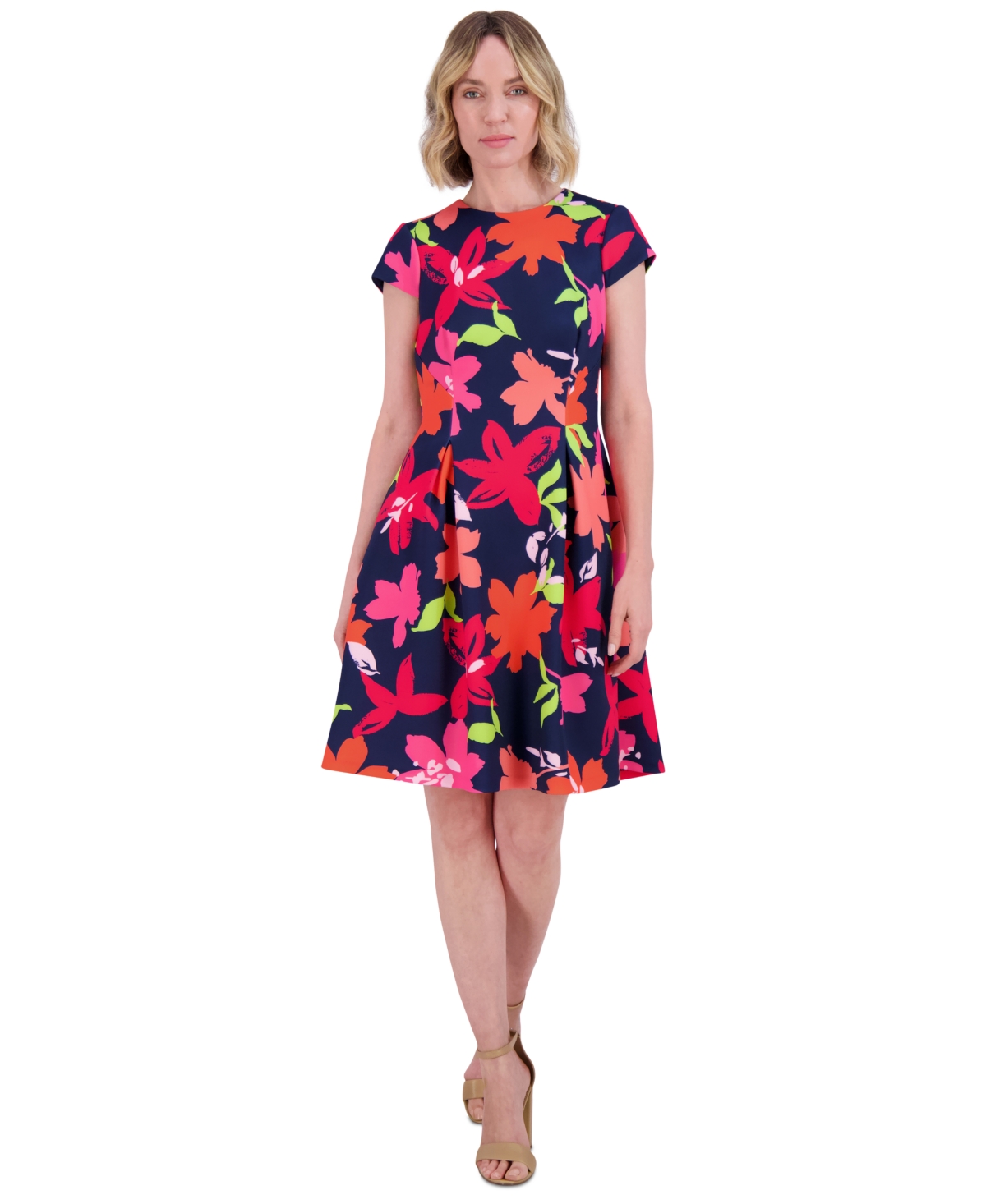 Petite Floral Cap-Sleeve Fit & Flare Dress - Navy Multi