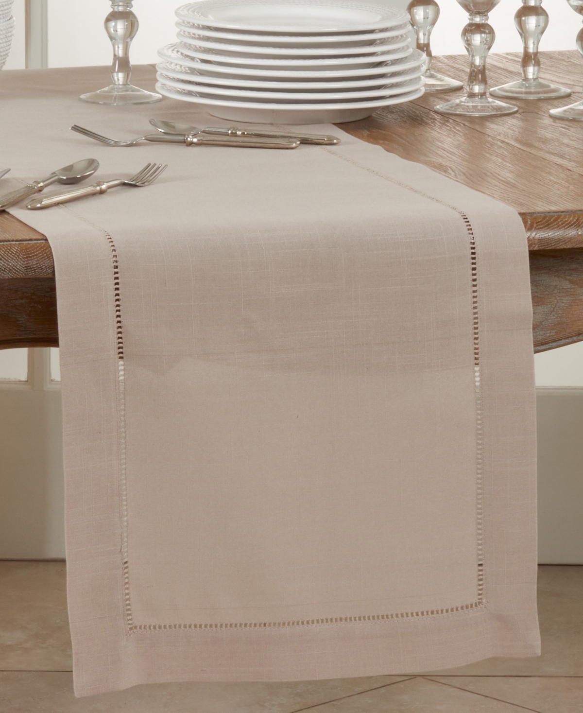 Saro Lifestyle Hemstitched Border Table Runner, 16" X 54" In Taupe