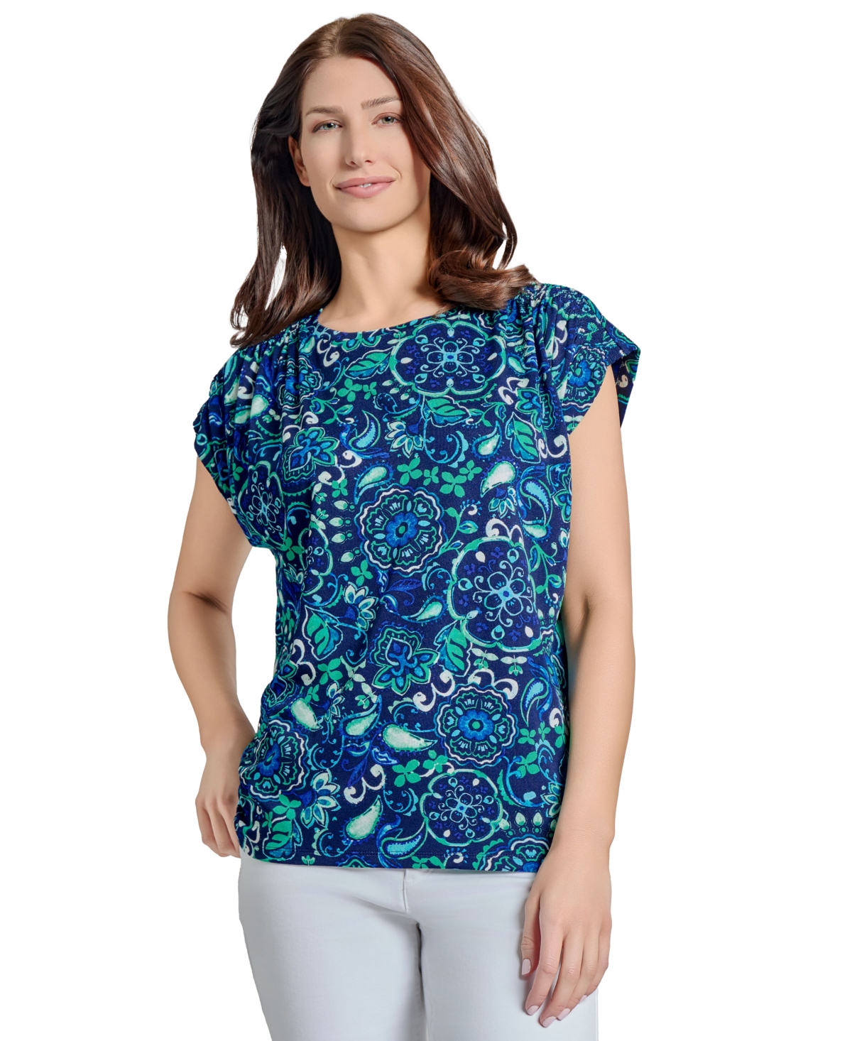 Women's Paisley-Print Cap-Sleeve Top - Pacific Navy Multi