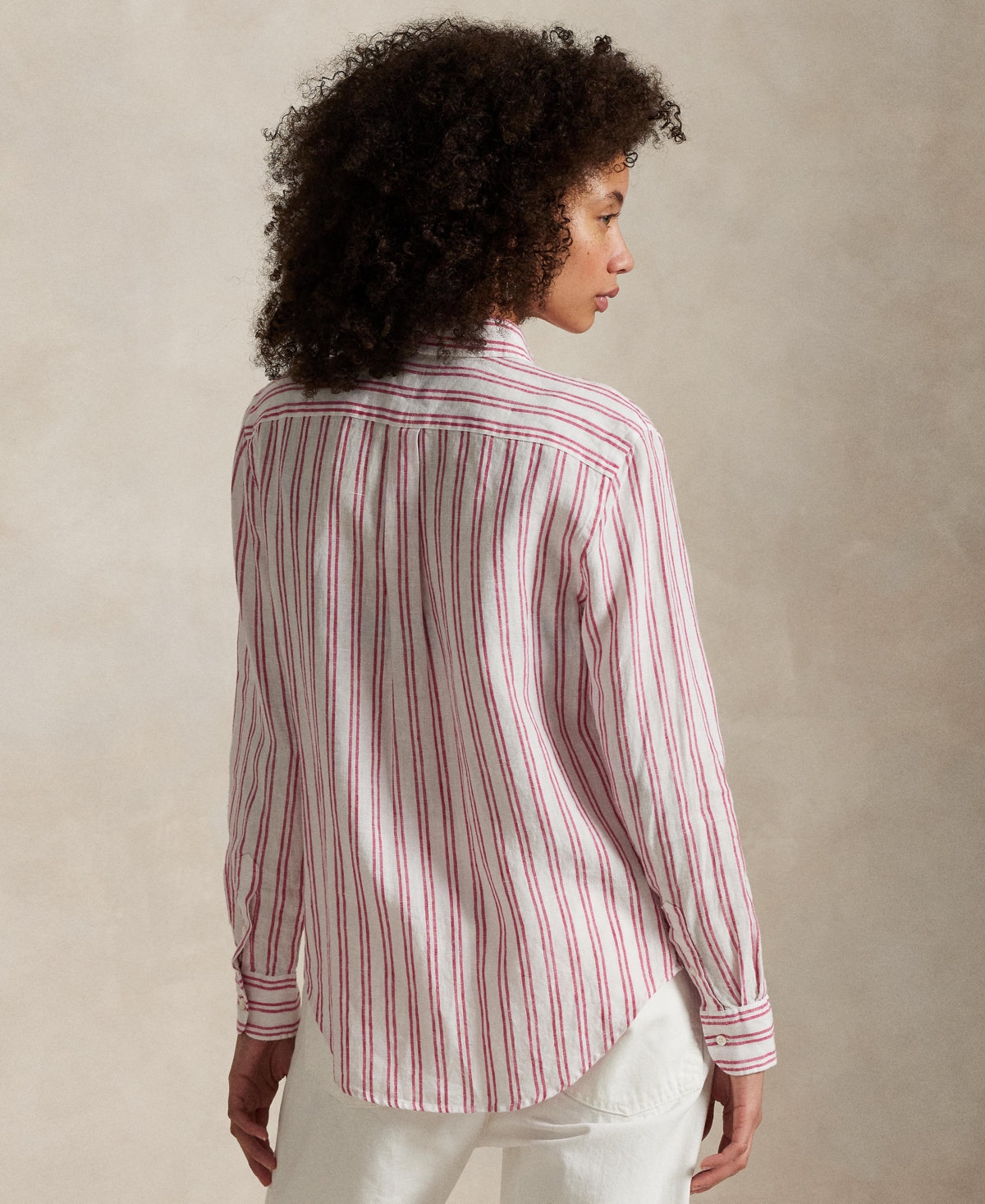 Polo Ralph Lauren Relaxed Fit Striped Linen Shirt Woman Shirt Beige Size Xl Linen In White,red
