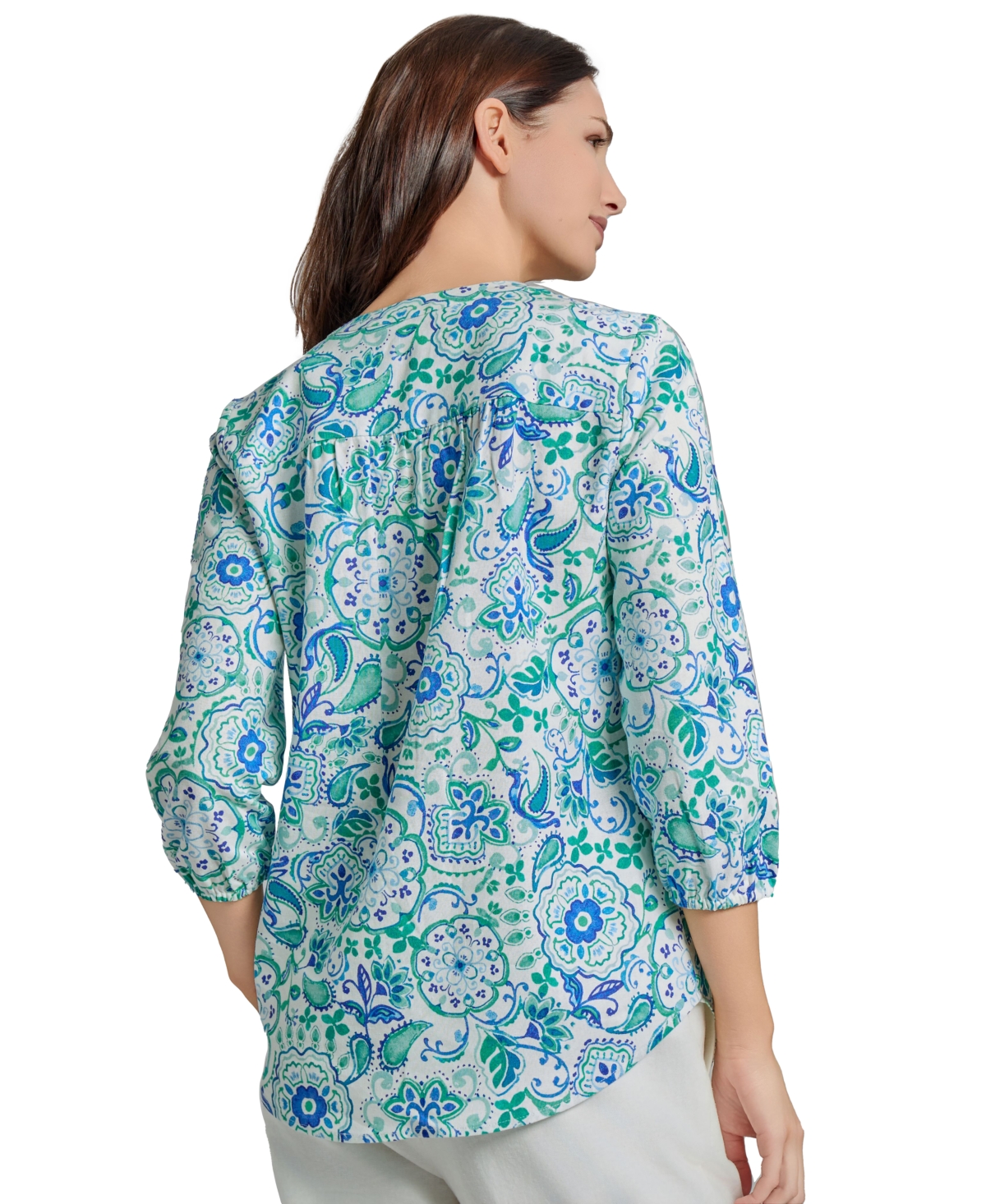 Jones New York Floral Paisley V-neck Linen Blend Tunic In Nyc White Multi