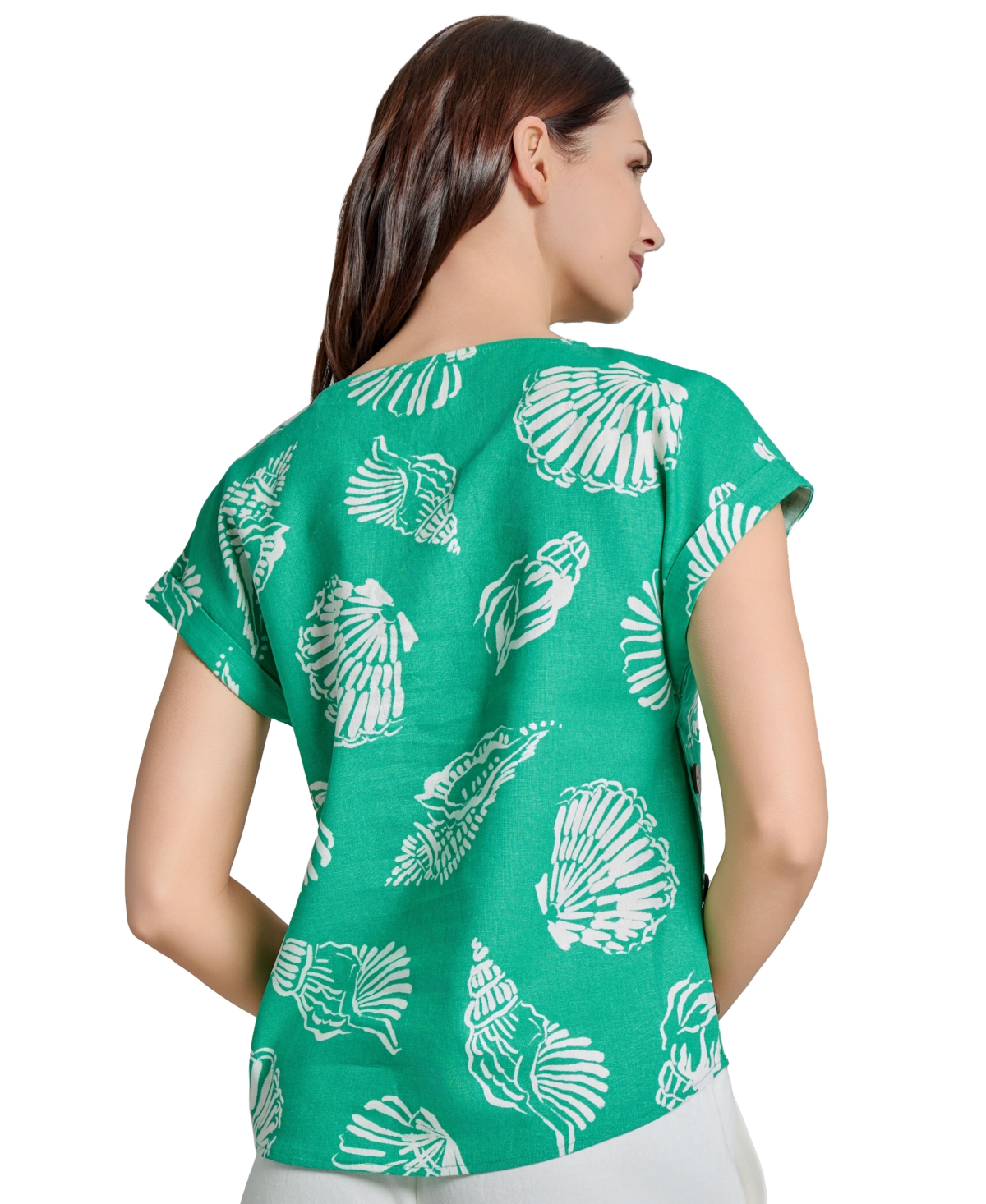 Jones New York Seashell Print Side Button Detail Linen Blend Top In Nyc White,kelly