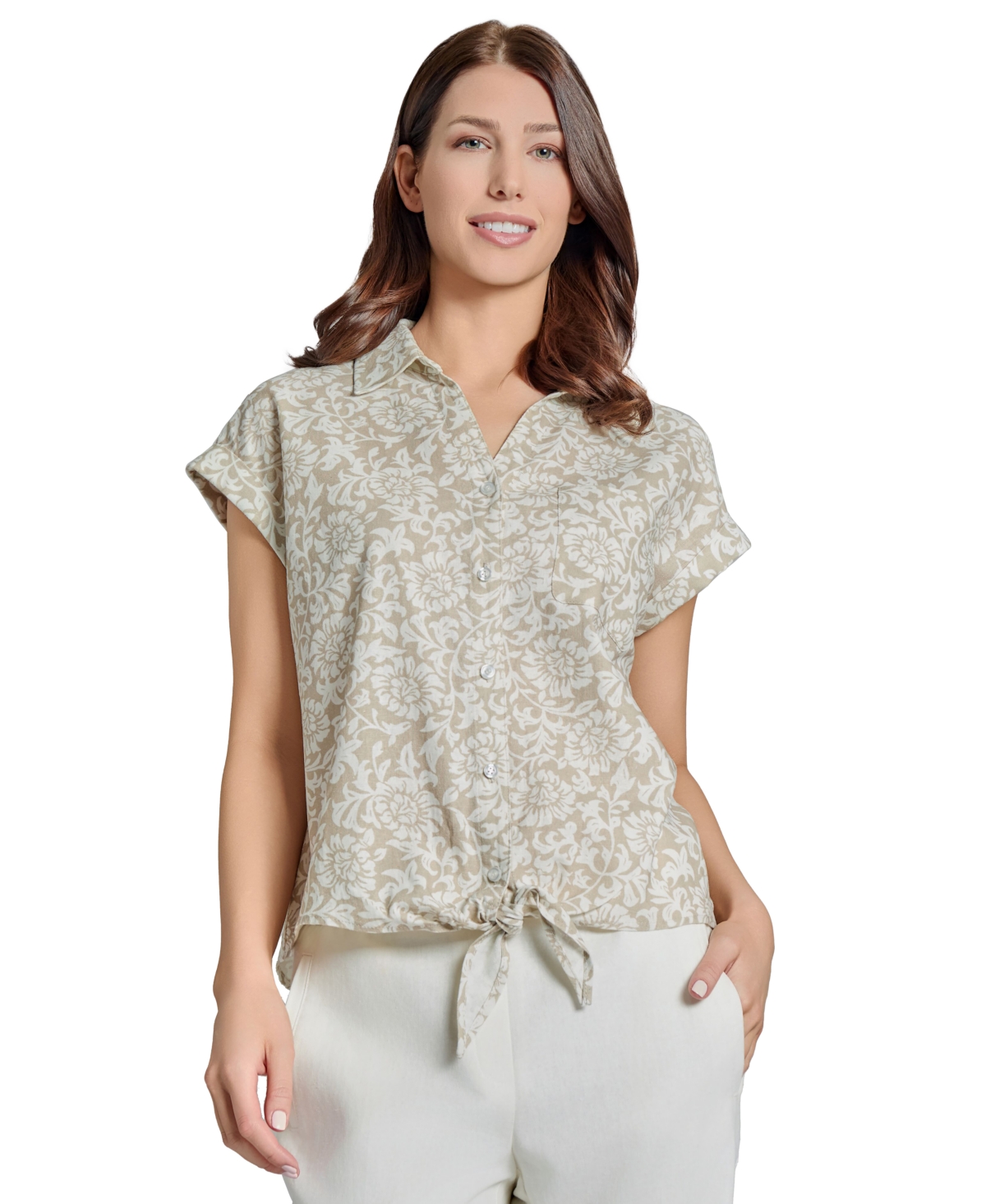 Women's Printed Lined-Blend Tie-Front Blouse - Jones White/natural Stone