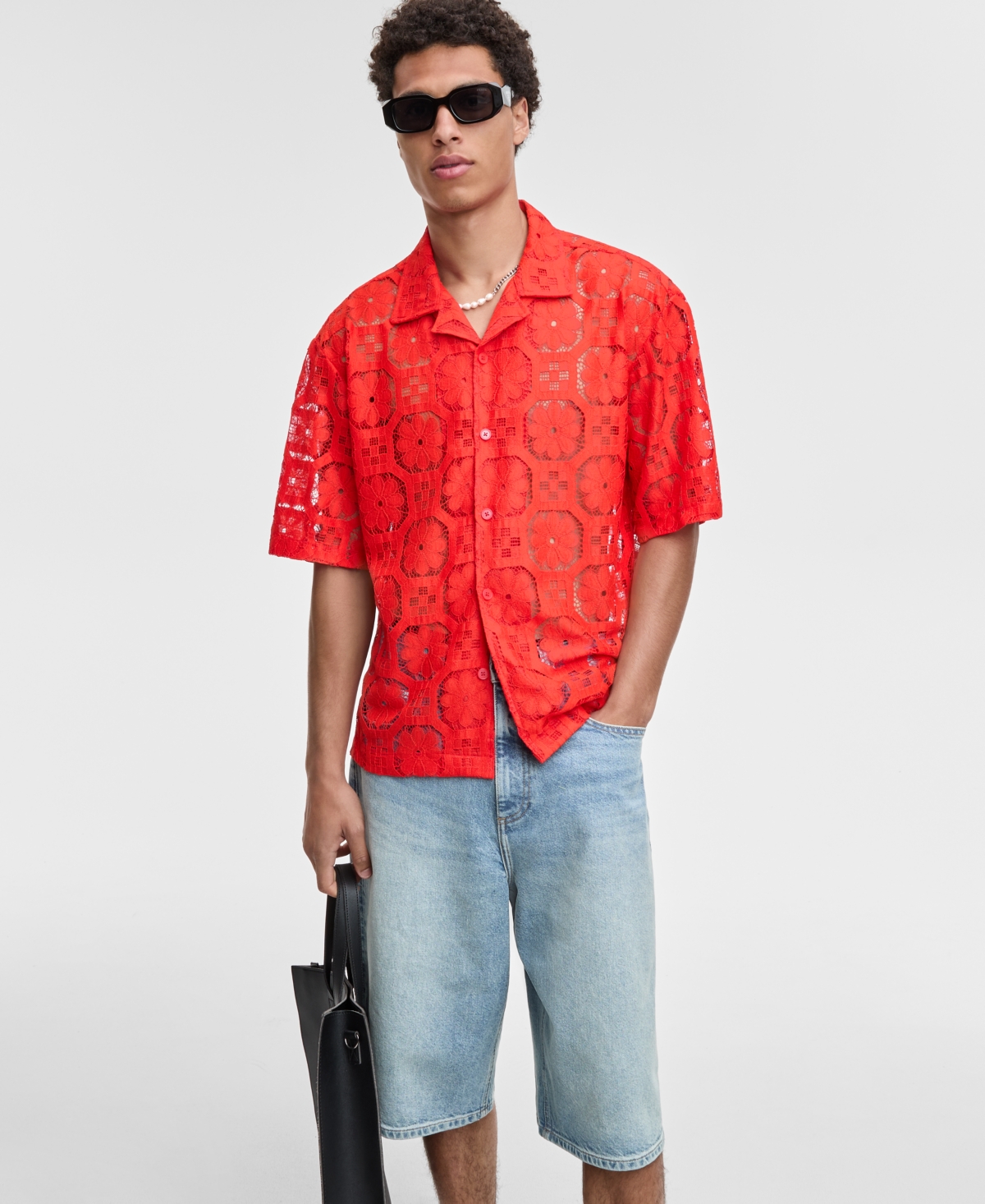 Men's Relaxed-Fit Textured Geometric Lace Button-Down Camp Shirt, Exclusively at Macy's - Fiery Red