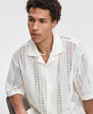 Men's Relaxed-Fit Textured Crochet Button-Down Camp Shirt, Exclusively at Macy's 