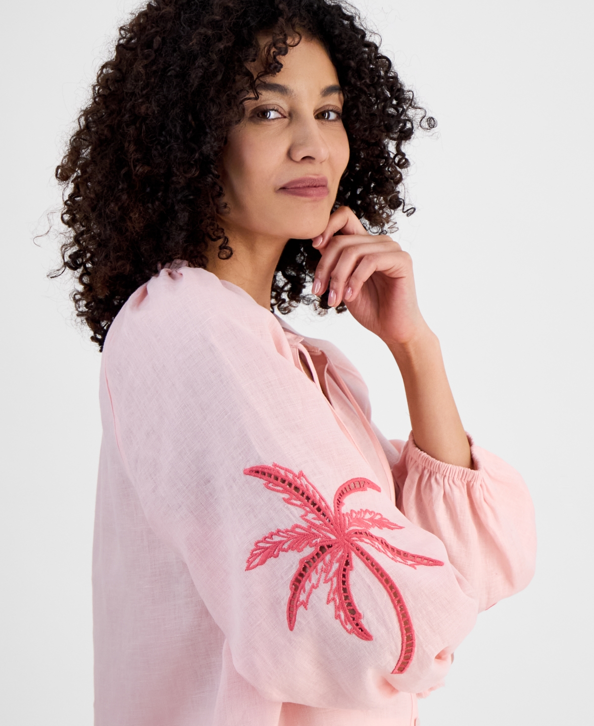CHARTER CLUB PETITE 100% LINEN TIE-NECK EMBROIDERED-SLEEVE TOP, EXCLUSIVELY AT MACY'S 