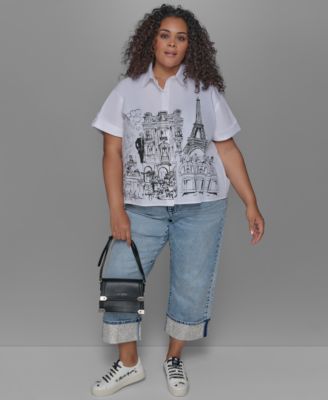 Karl Lagerfeld Plus Size City Scene Poplin Short Sleeve Shirt Crystal Cuffed Jeans In White