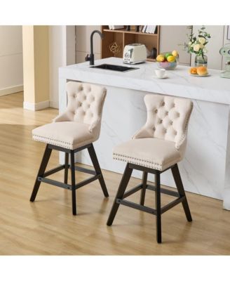 2-Piece Counter Stool Set, Velvet Upholstery with Tufted Back, Nailhead Trim and Wooden Legs, Swivel Bar Stools