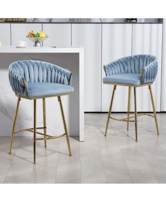 Set of 2 Counter Stools – 26" Velvet Upholstered with Hand-Wave Back, Metal Legs & Footrest