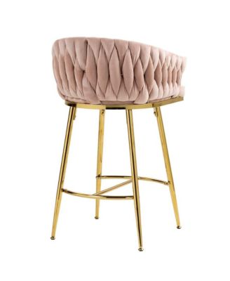 Set of 2 Counter Stools – 26" Velvet Upholstered with Hand-Wave Back, Metal Legs & Footrest