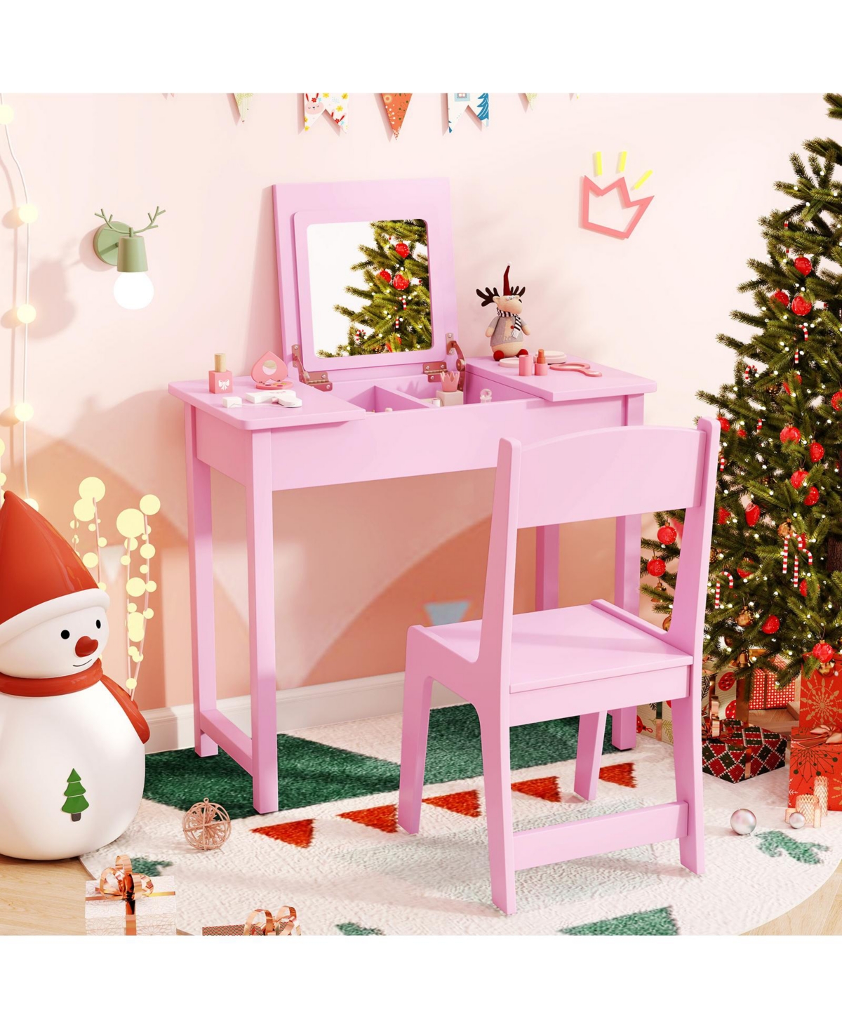 2-in-1 Kids Vanity Makeup Table and Chair Set with Flip-Top Mirror Fun Stylish Dressing for