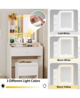 Small Makeup Vanity Desk with Mirror and Lights, Vanity Table Set with Storage Drawer, Chair and Three Shelves