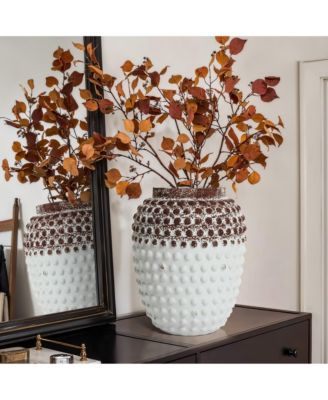 Vintage White and Brown Beaded 12-Inch Tall Urn Vase