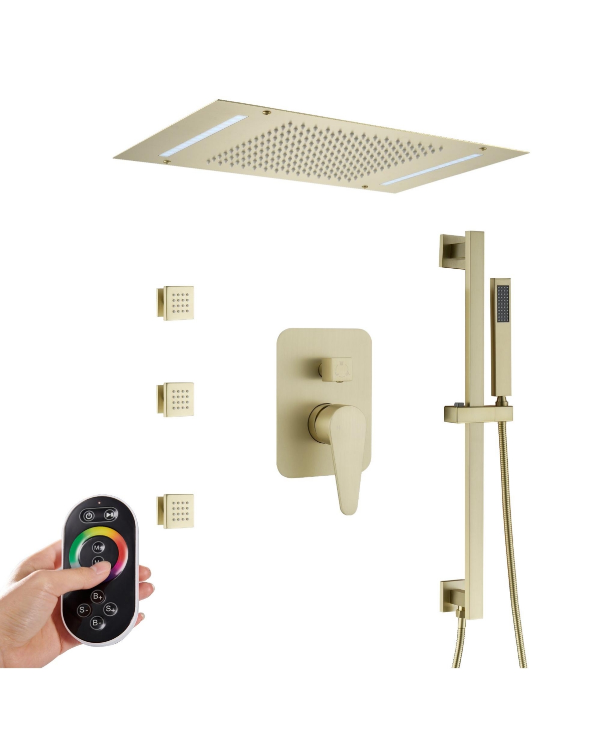 Luxury Shower System Square Top Spray with Body Jets, Led Light Single-Function Handle, and Adjustable Lifting Rod for Bathroom, Brushed Gold - Brushe