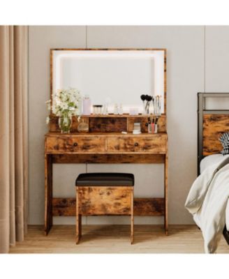 Vanity Desk Set with LED Lighted Mirror & Power Outlet, Makeup Vanity Table with 4 Drawers