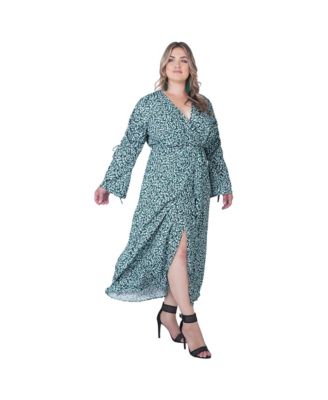 Plus Size Ruched Long Sleeve Wrap Dress Maxi Length