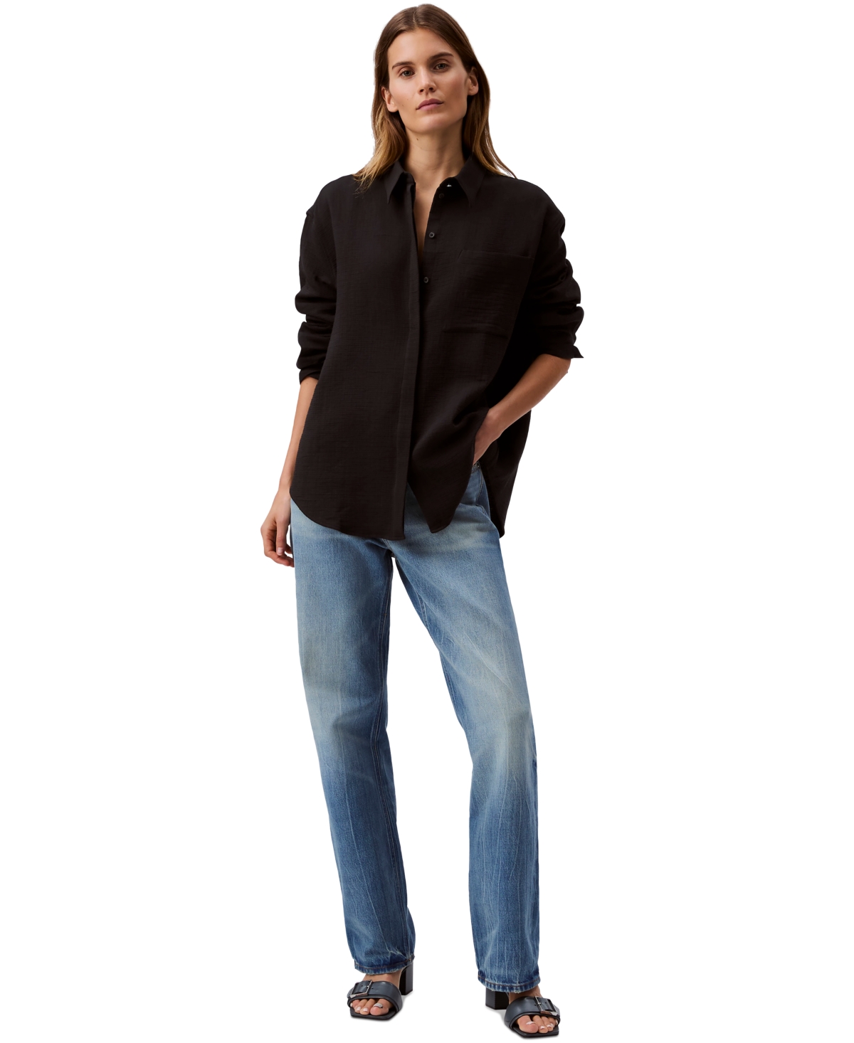 Calvin Klein Jeans Est.1978 Women's Double Gauze Roll-tab-sleeve Button-down Shirt In Black