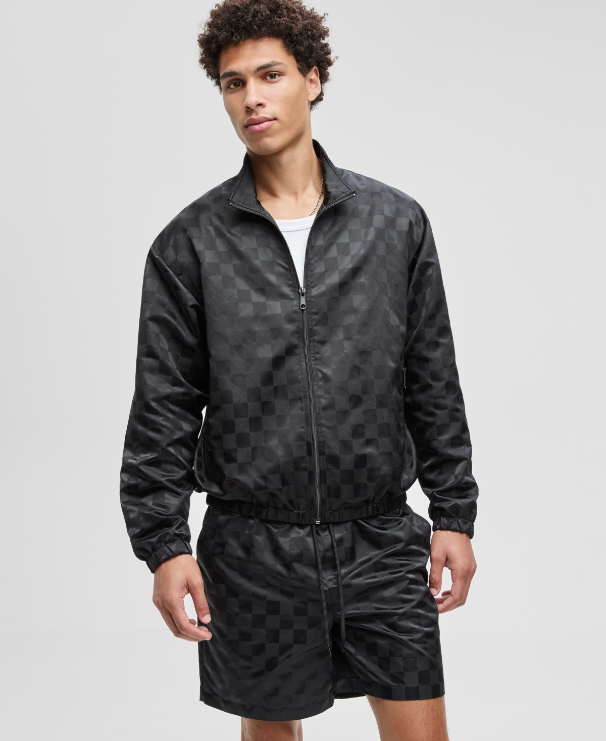 Men's Check Jacquard Relaxed-Fit Track Jacket, Macy's Exclusive - Deep Black