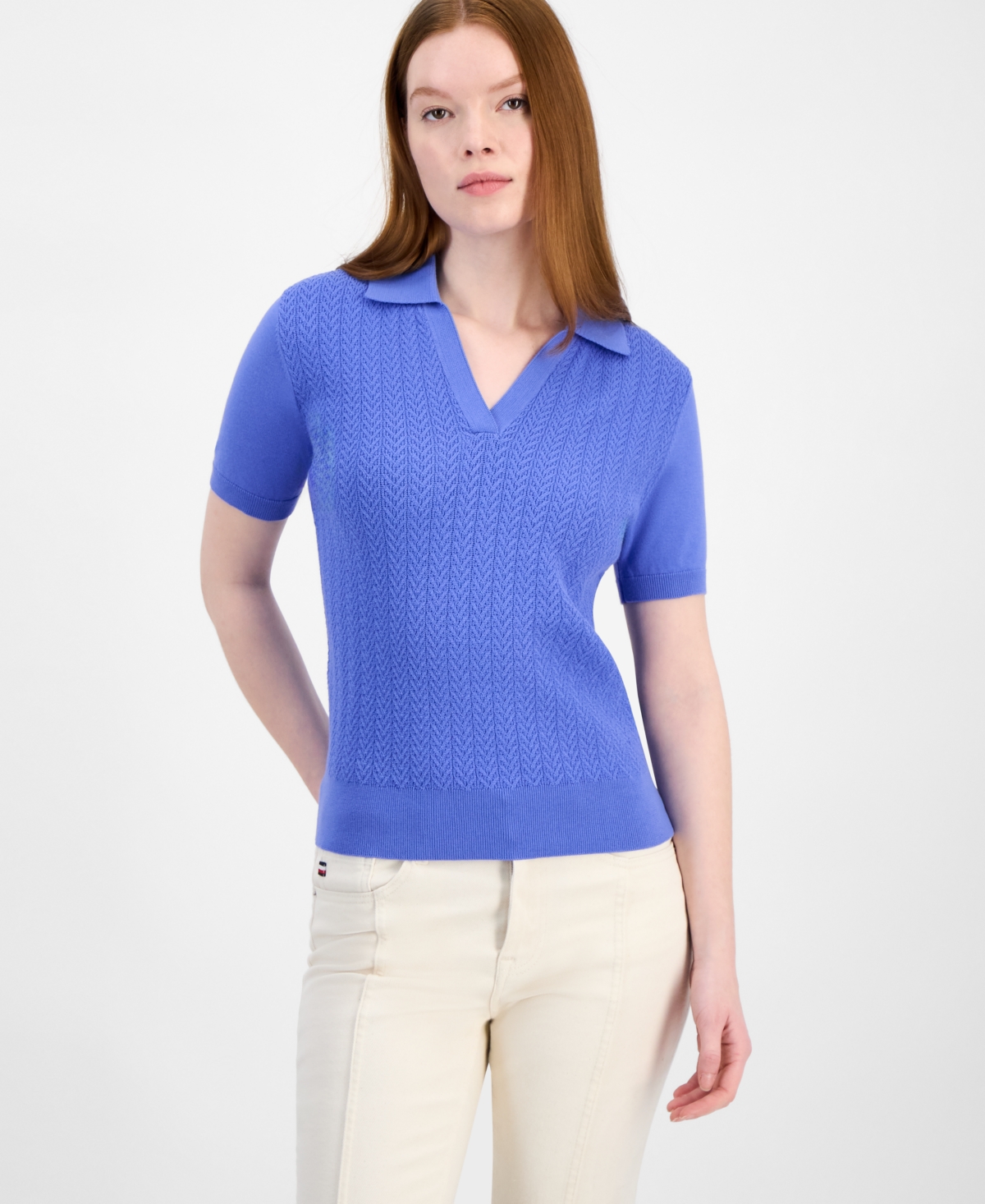 Women's Short-Sleeve Cable-Knit Cotton Sweater - French Blue