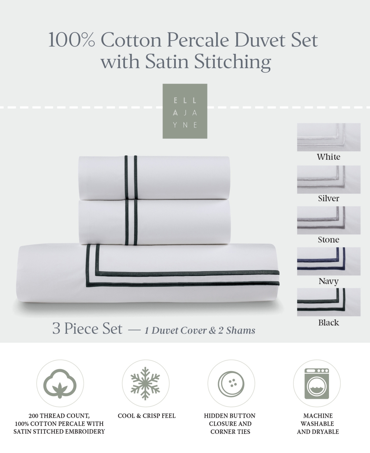 Ella Jayne 100% Cotton Percale Satin Stitched 3-Pc. Duvet Cover Set