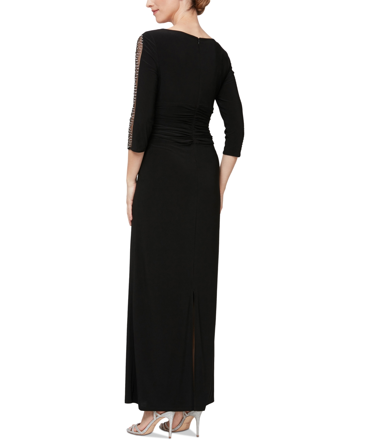 Shop Sl Fashions Women's Beaded-sleeve Ruched-waist Gown In Black