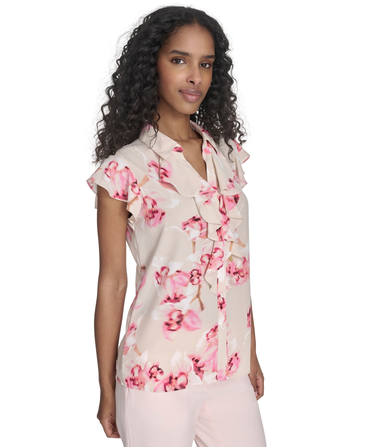 CALVIN KLEIN WOMEN'S PRINTED RUFFLED FLUTTER-SLEEVE BUTTON-FRONT BLOUSE 