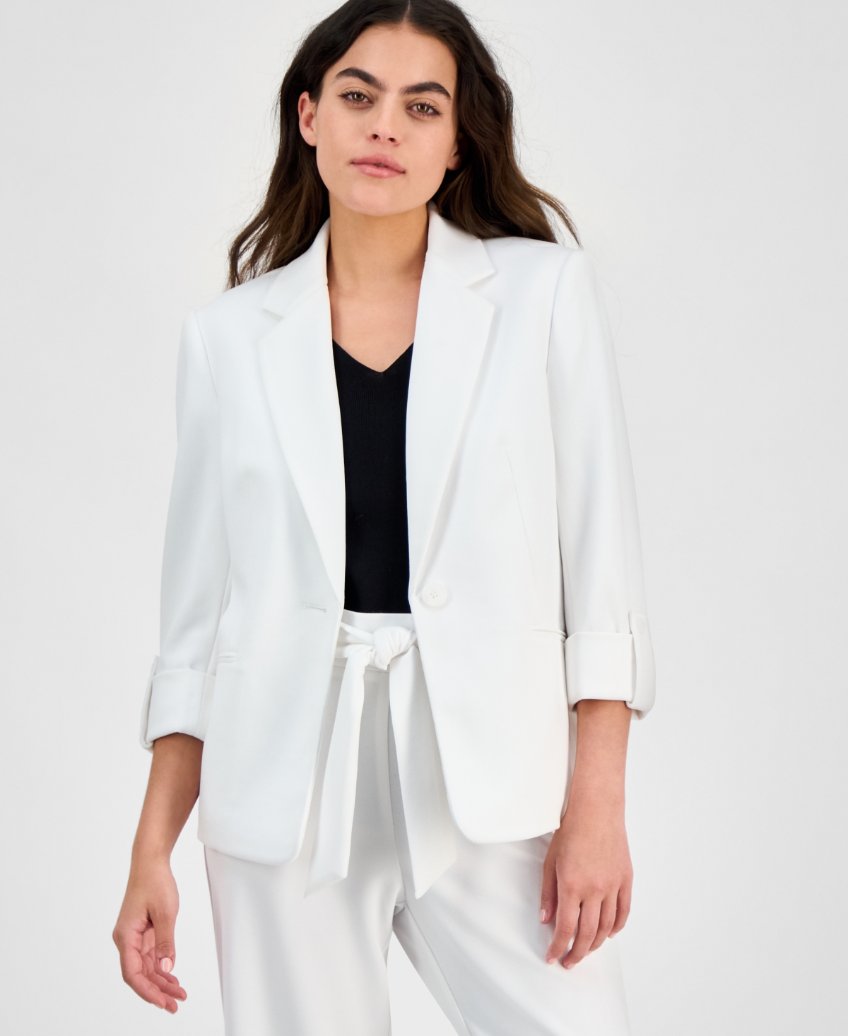 One-Button Roll-Tab-Sleeve Blazer, Regular & Petite - Bright White
