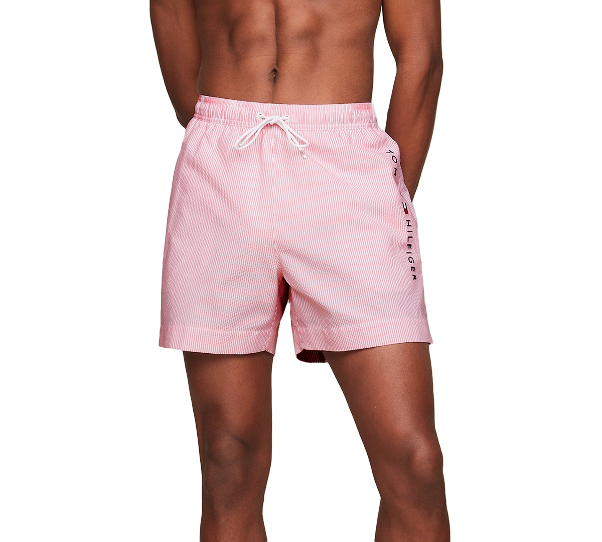 Tommy Hilfiger Men's Striped 5" Swim Trunks In Ithaca White Medium Red