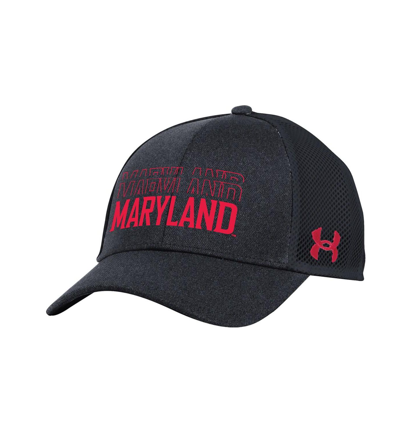 Мужская кепка Under Armour Black Maryland Terrapins 2024 Sideline Blitzing Trucker Adjustable Hat — фото 1