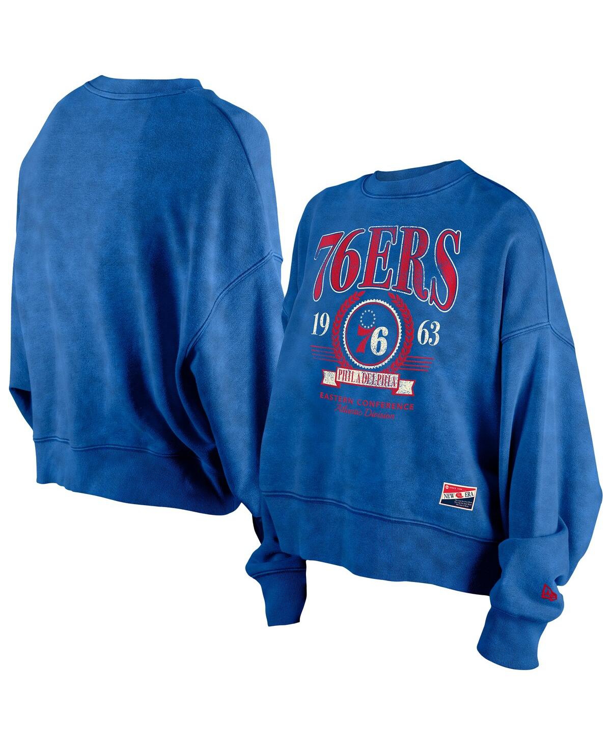 New Era Women's Royal Philadelphia 76ers Hardwood Classics Enzyme Wash Oversized Boxy Pullover Sweatshirt In Royal