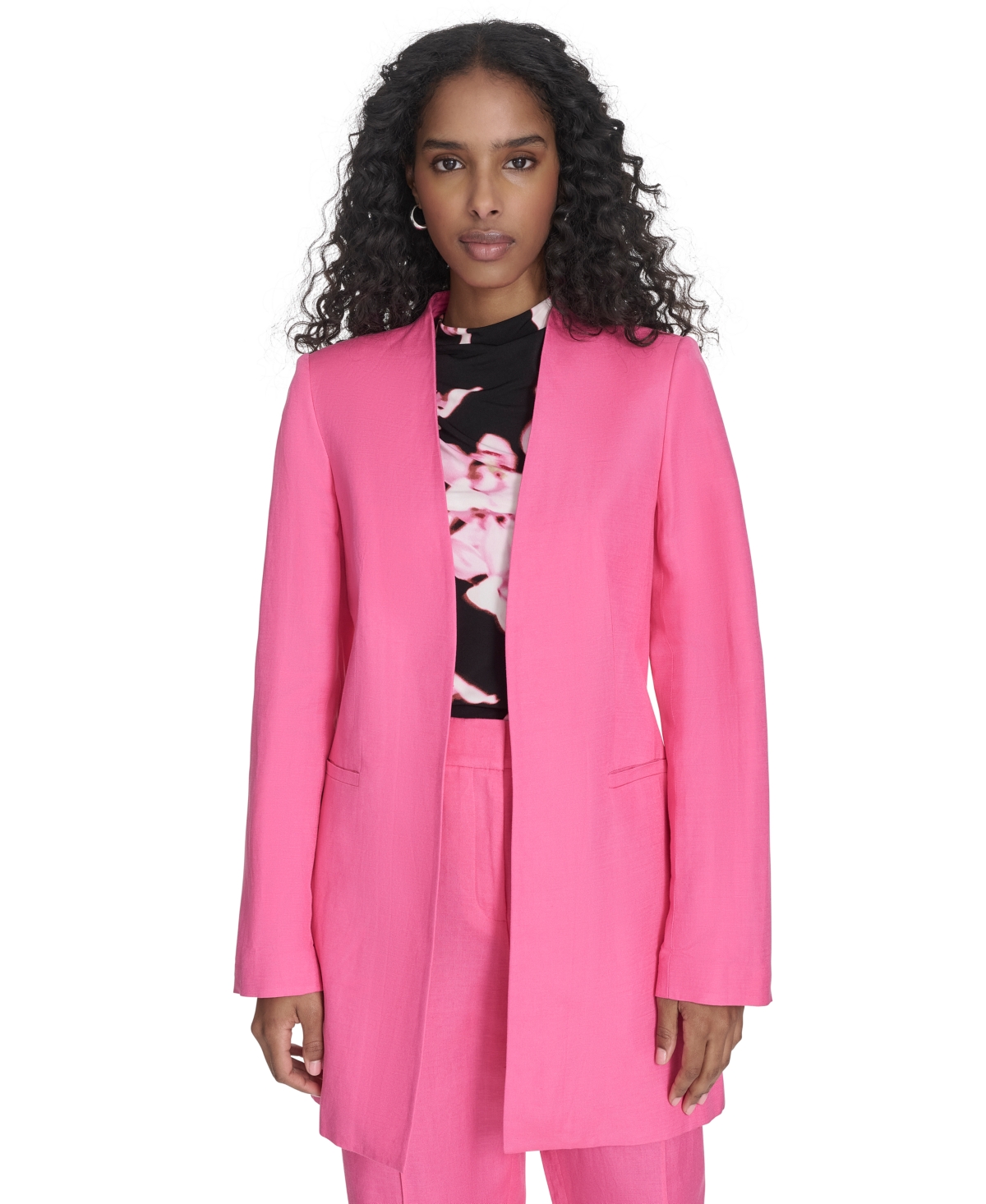 Shop Calvin Klein Women's Open-front Linen-blend Blazer In Peony