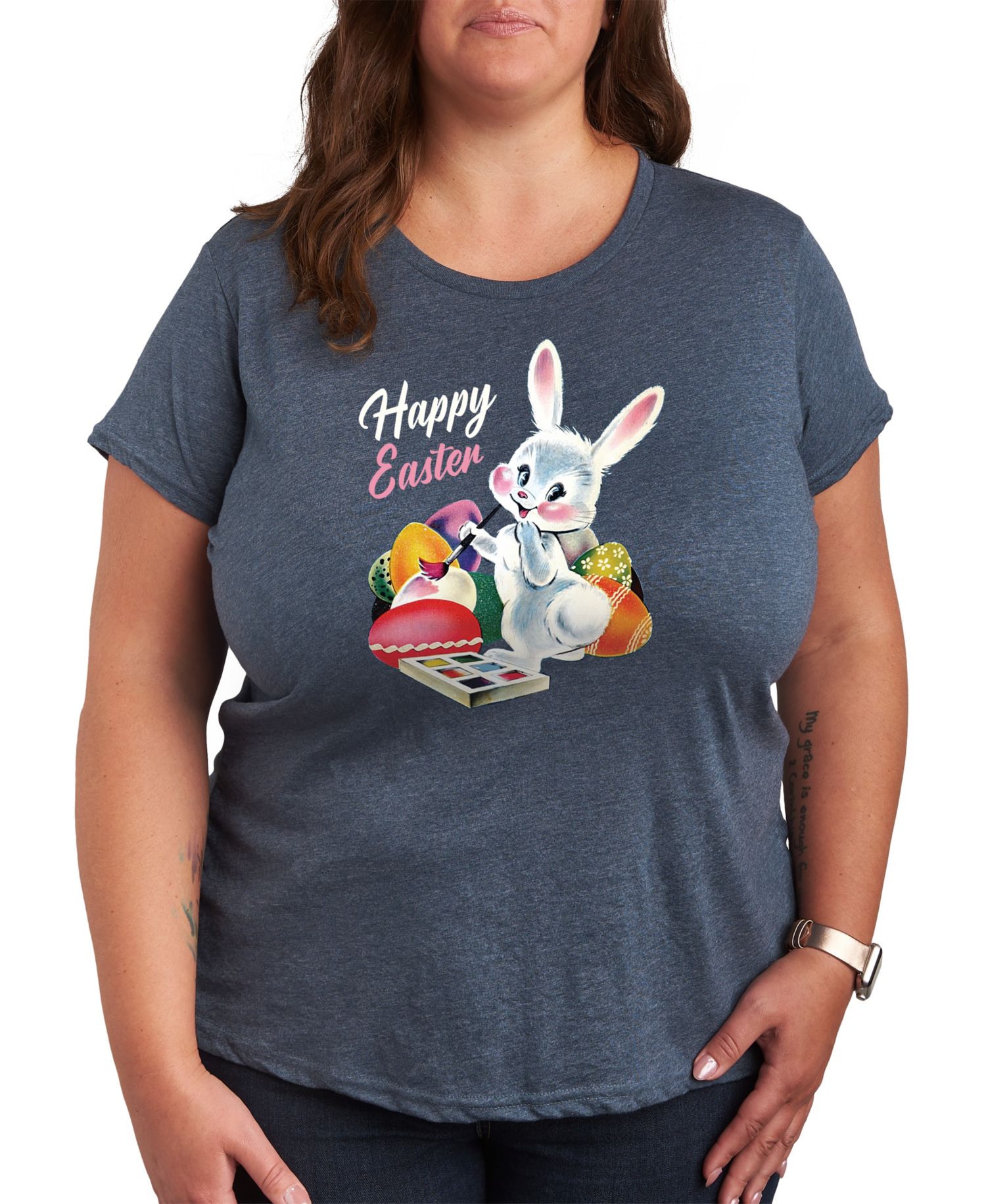 Trendy Plus Size Happy Easter Size Graphic Crew Neck T-Shirt